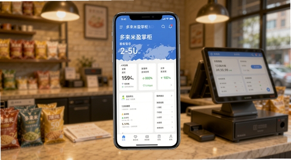 多来米盈掌柜软件主界面展示,画面中央是一部智能手机屏幕显示店铺营收数据看板,背景为模糊的实体店铺收银台环境,暖色调灯光,风格写实清晰,突出软件名称多来米盈掌柜