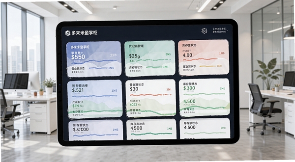多来米盈掌柜多门店管理界面截图风格预览图,画面展示平板电脑上多个门店卡片排列,每个卡片显示营业额和库存状态,背景为现代办公室场景,明亮简洁,图片包含软件名称多来米盈掌柜