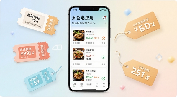 五色惠应用主界面预览图,手机屏幕展示附近商超与餐饮优惠列表,背景为淡雅渐变色,界面元素清晰明亮,整体风格现代简约,突出生活服务与折扣主题,画面中心为手机产品图,周围点缀优惠券与价格标签图形,光线柔和,细节丰富