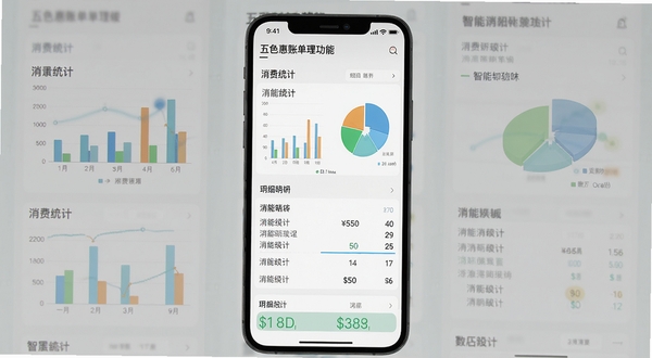 五色惠账单管理功能截图,手机屏幕显示消费统计图表与明细列表,背景为浅色财务风格,柱状图与饼图元素,数据可视化,色调干净,突出记录清晰与智能分析