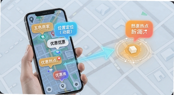 五色惠智能定位功能示意图,手机地图界面显示附近商家标签与优惠气泡,背景为街道网格,箭头指向优惠热点区域,色彩清新,科技感与生活感融合,突出位置服务与折扣发现