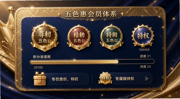 五色惠会员体系展示图,屏幕中展示会员等级徽章与积分进度条,背景为金色与深蓝搭配的质感卡片,突出尊贵与专属感,画面包含礼物图标与特权标识,细节精致