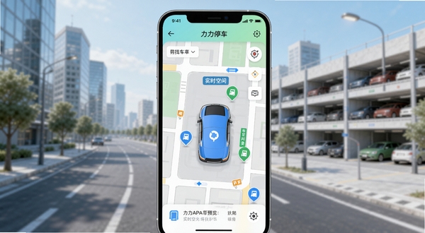 力力停车APP界面预览图,展示手机屏幕上的地图找车位功能,界面简洁现代,背景为城市街道与停车场,突出实时空闲车位标识,整体色调清新明亮,高清数字渲染图。