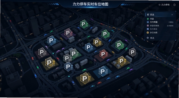 力力停车实时车位地图功能展示,地图上分布着多个停车场图标,不同颜色代表车位余量状态,界面有筛选菜单,背景显示城市道路网络,风格科技感与现代感并存。