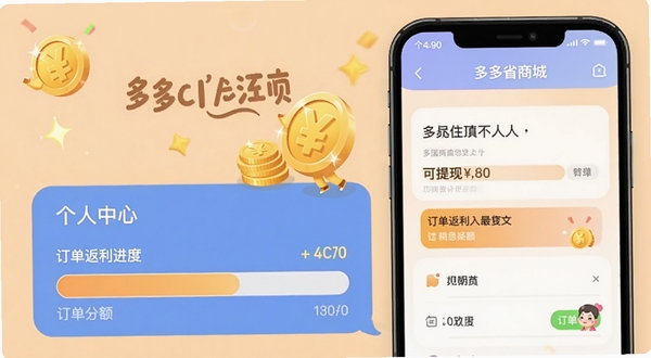 多多省商城个人中心界面,显示可提现余额与订单返利进度条,背景为温馨的浅橙色,配有卡通金币图标,强调返利收益感,界面友好活泼