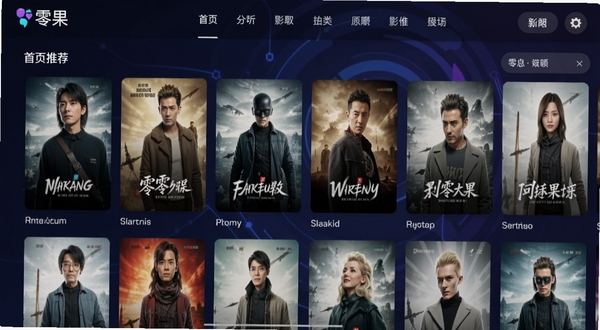零果软件主界面截图,展示首页推荐影视墙与顶部分类导航栏,背景为深色渐变科技感风格,海报封面清晰可见,整体画面明亮通透,突出软件名称“零果”Logo位于左上角,适配手机竖屏显示