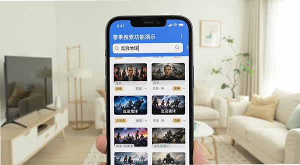零果搜索功能演示,手机屏幕中显示搜索框输入“流浪地球”,下方列出多个播放源选项与清晰度标签,背景为浅色家居场景,手机界面高亮突出搜索结果,画面风格干净明亮