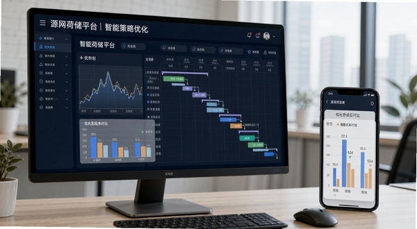 源网荷储平台智能策略优化界面,模拟电价曲线与储能充放电计划甘特图,显示优化前后的成本对比柱状图,背景为办公场景中的电脑与手机同步展示,突出智能决策辅助功能