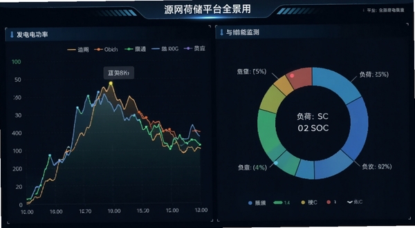 源网荷储平台全景用能监测功能截图,左侧显示发电功率曲线,右侧显示负荷与储能SOC环形图,界面采用深色背景与高亮数据配色,突出实时数据可视化效果