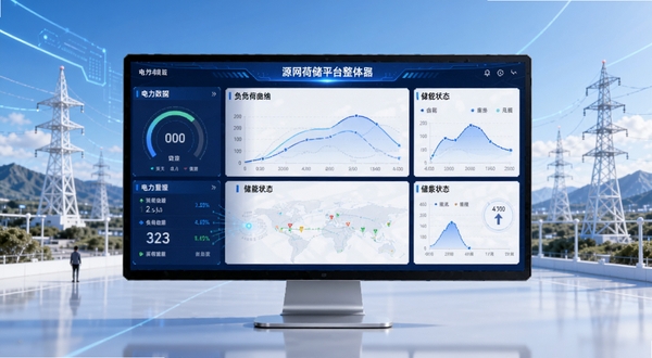 源网荷储平台整体界面预览图,显示电力数据仪表盘、负荷曲线、储能状态等核心模块,背景为简洁的能源互联网场景,整体风格科技蓝与白色为主,画面主体居中,细节丰富,适合软件介绍首图