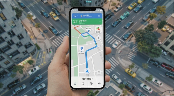 准时地图导航主界面展示,手机屏幕显示清晰路线规划与实时路况颜色标记,背景为城市街道俯视图,整体色调明亮,科技感与生活气息融合,突出导航准确性。