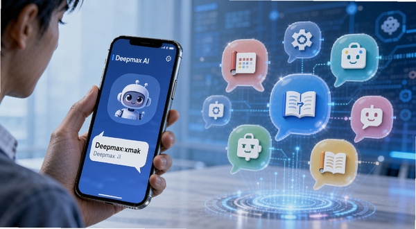Deepmax智能AI智能对话功能示意图,画面左侧为一位用户手持手机提问,手机屏幕中显示Deepmax智能AI正在回复,右侧以虚拟气泡形式展示多个知识图标,背景为科技感蓝色调,风格明亮现代,突出AI交互场景