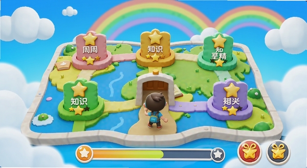 չʾ����ѧAPP�Ĵ��ؼ������棬����������һ�������ͼ������ֲ��Ų�ͬѧ�Ƶ�֪ʶ�ؿ���ÿ�����������֣�һ����ͨ��ɫվ�ڹؿ����׼����ս������ײ��н������ͽ���ͼ�꣬ɫ����������������ͯȤ���������ƶ�Ͳʺ磬ͻ����Ϸ��ѧϰ��Χ��������Ⱦ���������ڵ���