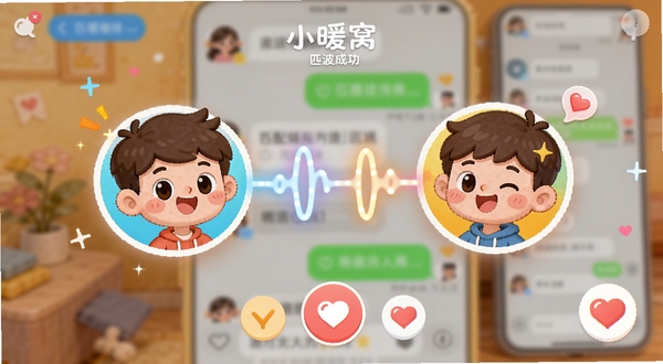小暖窝app声波匹配功能界面截图,屏幕上有两个卡通人物头像通过一条发光的声波曲线连接,背景是模糊的聊天室场景,色彩明亮,突出“匹配成功”的喜悦氛围,界面元素包括圆形按钮和心形图标,整体风格活泼可爱