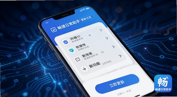 畅捷日常助手更新日志示意图,手机屏幕显示版本更新界面,带有新功能列表和“立即更新”按钮,背景为蓝色科技感光效,右下角显示“畅捷日常助手”图标