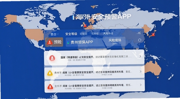 贵州领保APP海外安全预警功能界面,显示不同国家的安全等级图标和风险提示列表,背景配有世界地图,色彩以蓝橙对比突出预警信号,整体界面信息层级清晰