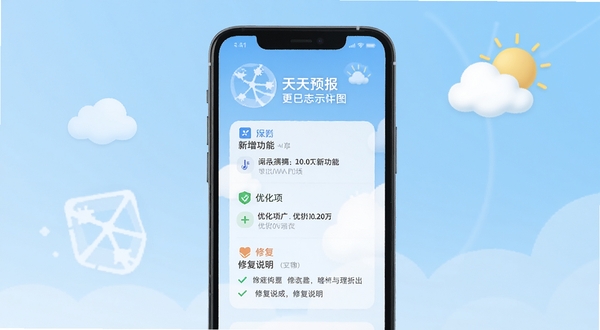 天天预报 更新日志示意图,手机屏幕上展示应用更新详情,包含新增功能列表、优化项和修复说明,背景为浅蓝色渐变,配以云朵和太阳图标,风格简洁现代,符合软件更新说明场景。