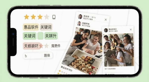 惠品软件评价展示界面示意图,手机屏幕显示商品评价关键词标签与用户晒图,背景为浅绿色,评价星级与文字清晰可见