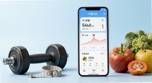 现代简约风格的智能手机屏幕展示亦康APP主界面,界面清晰显示步数统计、心率曲线、饮食记录等健康数据模块,手机旁边放置哑铃、卷尺、新鲜蔬果等健康元素,背景为干净的浅蓝渐变色调,画面明亮专业,突出健康管理主题
