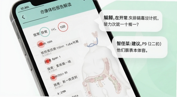亦康体检报告解读界面,手机屏幕展示一份扫描的体检单,关键异常指标被红色圆点标记,旁边弹出解释气泡与建议文案,背景为干净的白色与浅绿色,体现专业与智能感