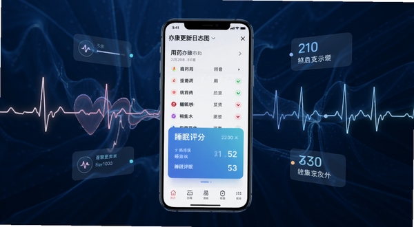 亦康更新日志功能展示图,画面中央为手机界面,展示详细的用药清单与睡眠评分卡片,周围环绕着心电图线条与数据节点,背景为现代感的深蓝色科技纹理,渲染风格明亮通透,突出软件的专业性与可靠性