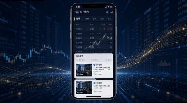 T0汇天下软件主界面预览图,展示行情列表与资讯聚合卡片,背景为深蓝色科技感金融风格,界面元素清晰,手机屏幕居中,背景有抽象的数据流与金色线条装饰,整体画面专业且现代,竖版构图,高分辨率,真实产品截图风格