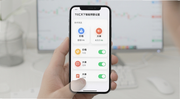 T0汇天下智能预警设置页面,展示条件筛选列表与开关按钮,背景为浅色系卡片风格,有价格、均线、大单等选项图标,界面简洁直观,模拟用户正在配置预警条件,手机屏幕居中,画面明亮清晰