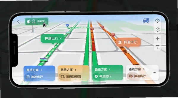 神速出行导航界面细节图,展示手机横屏状态下的路况概览,道路线条清晰,颜色标记畅通与拥堵,配有关键地标气泡,界面下方有路线方案对比卡片,整体风格专业且清晰