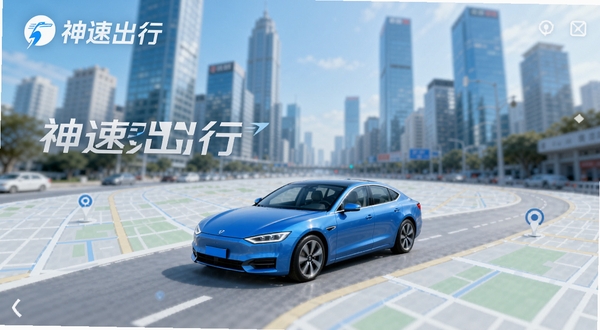 神速出行APP主界面预览图,展示一辆现代简约风格的蓝色轿车行驶在清晰的城市道路地图上,界面UI设计简洁,突出“神速出行”品牌Logo,背景是模糊的繁华都市高楼大厦,整体色调明亮清新,符合出行服务类软件的专业形象