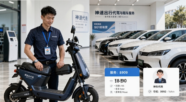 神速出行代驾与租车服务展示图,画面左侧是一位穿着工作服、佩戴工牌的专业代驾司机正在折叠电动车,右侧是一排干净整洁的租用车辆,整体设计风格写实,界面展示服务价格与司机信息卡片,背景是明亮的服务网点