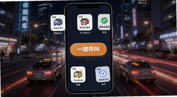 神速出行一键聚合叫车界面,手机屏幕内显示多个网约车平台同时响应的卡通图标,中间有一个显眼的“一键呼叫”按钮,背景是城市街道的夜景,车辆尾灯拉出光轨,突显快速与高效