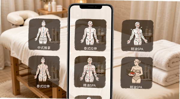 天天上门按摩服务项目分类页面,手机界面展示中式推拿、泰式拉伸、精油SPA等图标,每个项目配有简笔画人体穴位图,背景是干净的按摩床和白色毛巾,画面柔和温馨,突出专业性与多样性,适合服务介绍配图