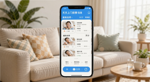 天天上门按摩app主界面,手机屏幕显示附近技师列表、服务项目分类、预约时间选择器,背景是温馨的客厅沙发和绿植,画面明亮清晰,色调柔和,突出O2O上门服务的便捷与舒适,横版构图,适合应用商店展示