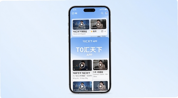 T0汇天下应用主界面预览图,手机屏幕展示信息流列表,包含图文卡片与视频入口,背景为淡蓝色渐变,界面简洁现代,光线柔和,屏幕中央显示“T0汇天下”APP名称,整体风格明亮清晰,适配竖屏手机展示,高分辨率渲染,UI细节丰富,色彩饱和适中。