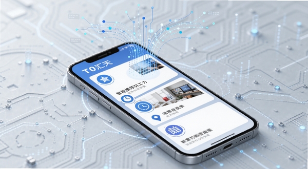 T0汇天下智能推荐功能示意图,画面中手机界面显示多个新闻卡片,每张卡片带有分类标签图标,如星星、时钟、定位等,背景为浅灰色科技感纹理,手机上方悬浮着数据流动线条,象征智能算法运作,整体色调以蓝白为主,突出科技与智能感,画面清晰,适合功能预览。