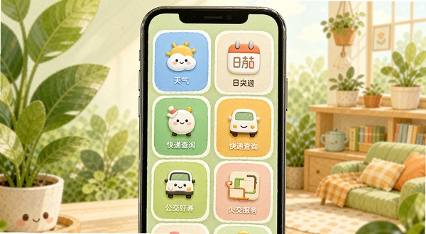 T0汇天下生活服务功能展示,手机屏幕分割为多个小方格,分别展示天气、日历、快递查询、公交路线等图标,背景为绿色植物与生活场景插画,色彩温暖明亮,图标设计圆润可爱,整体风格清新自然,体现生活服务场景的便捷与多样性,画面细腻,适宜功能界面预览。