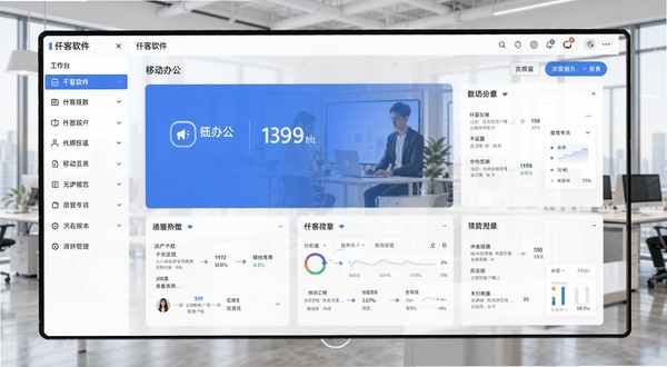 仟客软件主界面预览图,展示工作台布局,左侧为功能列表,背景为现代办公室环境,画面明亮清晰,突出移动办公主题