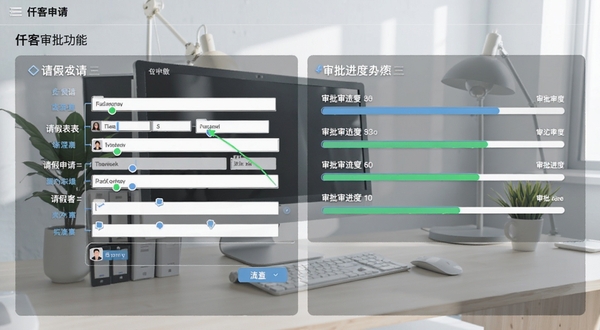 仟客审批功能界面截图,显示请假申请表单与审批进度条,背景为简洁的办公桌面,色调清爽,强调流程可视化