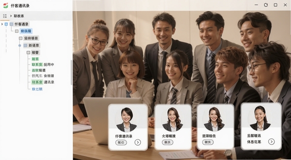 仟客通讯录界面示意图,显示组织架构树与联系人卡片,背景为职场团队合影,画面温馨商务