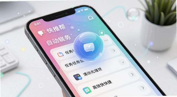 快推帮软件主界面功能总览图,画面中央展示悬浮操作球与任务列表,背景为渐变色智能手机屏幕,整体风格简洁明亮,突出自动化与高效快捷的主题
