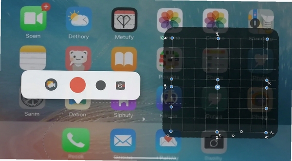 快推帮录制操作步骤的界面截图,显示悬浮录制控制条与点击坐标点阵图,背景模拟手机桌面图标,强调智能识别与自动化记录功能