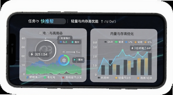 快推帮在手机后台任务栏中运行的示意图,展示其耗电与内存占用优化图表,画面以数据可视化的形式呈现,突出轻量化与高性能