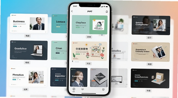 一点PPT软件在手机屏幕上展示模板库页面,瀑布流形式呈现多种风格的PPT模板封面,包括简约商务、清新扁平、手绘插画等,每个模板缩略图下方显示分类标签,界面布局整齐,色彩丰富,模拟真实手机界面截图,背景为纯色渐变,突出模板的多样性和软件的专业感。