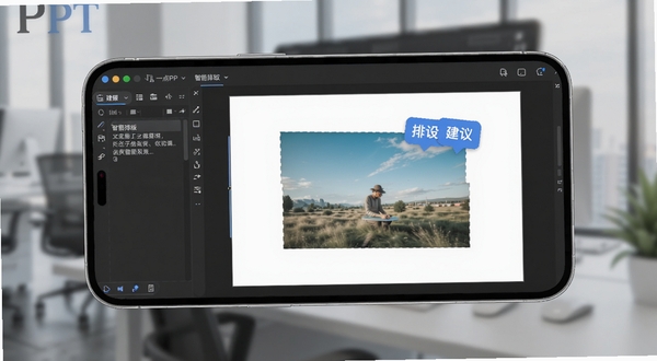 一点PPT软件编辑界面,展示智能排版功能,左侧为文字输入区,右侧为实时预览区,页面中央有一张图片被自动裁剪适配,同时显示排版建议气泡,界面简洁现代,模拟手机横屏操作,背景为虚化的办公环境,突出AI智能辅助的便捷性。