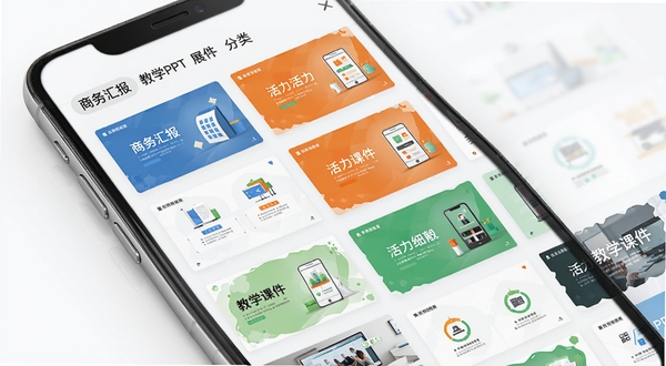一点PPT软件模板库展示界面,手机屏幕上以网格形式展示多种风格的PPT模板缩略图,包含商务蓝、活力橙、清新绿等色调,每个模板封面有简洁的图形与文字预览,背景为浅白色,界面顶部有分类标签如“商务汇报”“教学课件”,整体画面清晰明亮,突出模板丰富多样与选择便捷性,手机模型斜放,屏幕反光自然,氛围专业实用。