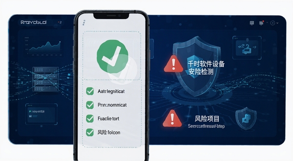 仟客软件设备安全检测功能示意图,画面展示一台智能手机屏幕内显示绿色对勾的合规项目清单,旁边有红色警告图标提示风险项目,背景为深蓝色科技感网络安全界面,配以数据流动线条装饰,突出实时扫描与风险预警场景,扁平化设计风格,高清晰度