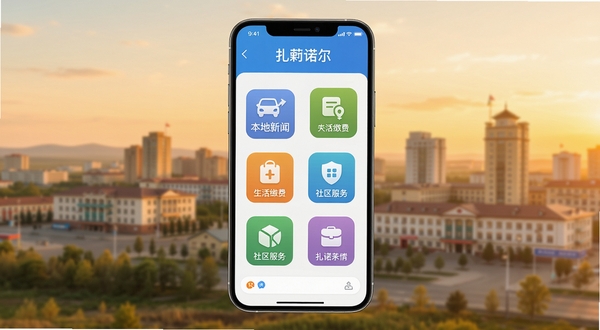 一幅展示智能手机屏幕的图片,屏幕上清晰显示“扎赉诺尔”APP的主界面,界面风格现代简洁,包含本地新闻、生活缴费、社区服务等彩色功能图标,背景为虚化的扎赉诺尔城市风光,整体色调明亮温暖,突出科技与生活的融合,画面中心为手机,背景为城市剪影