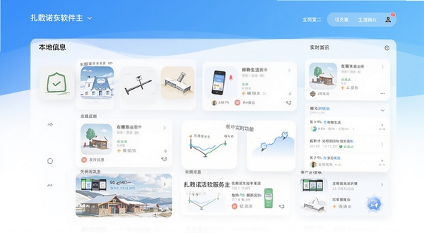 扎赉诺尔软件主界面预览,展示首页信息流与功能入口,背景为简约的蓝白渐变色调,前景突出本地生活服务图标与实时资讯卡片,整体风格清新明亮,适配移动端竖屏显示