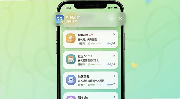 扎赉诺尔软件消息通知界面,模拟手机通知栏展示多条提醒卡片,包含天气预警与社区回复,背景为浅绿色渐变,图标圆润,文字清晰,整体风格活泼