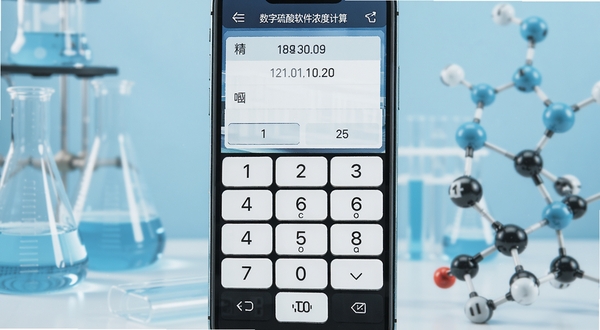 数字硫酸软件浓度计算界面截图,手机屏幕上显示数字键盘和结果区域,背景为淡蓝色实验室风格,周围有烧瓶和分子结构模型,突出精准计算功能